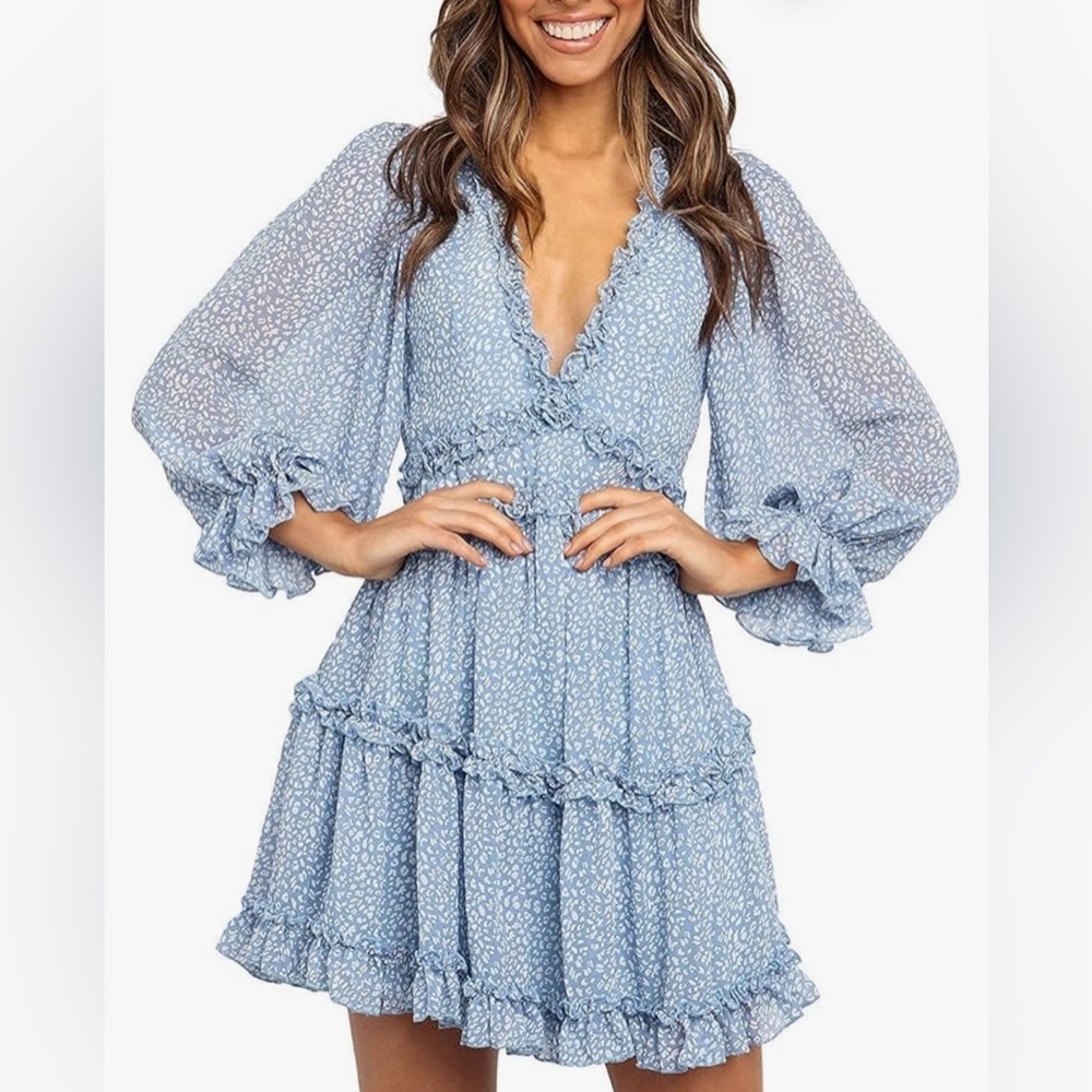 Spring Summer Deep V Neck Long Sleeve Ruffle Layer A-Line Swing Mini Dress